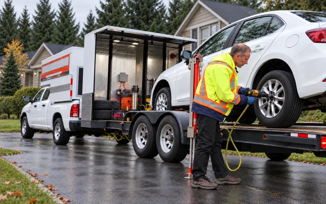 Mobile Car Care's truck and lift trailer in a customer's driveway, a technician in hi-vis torquing a wheel on the raised car