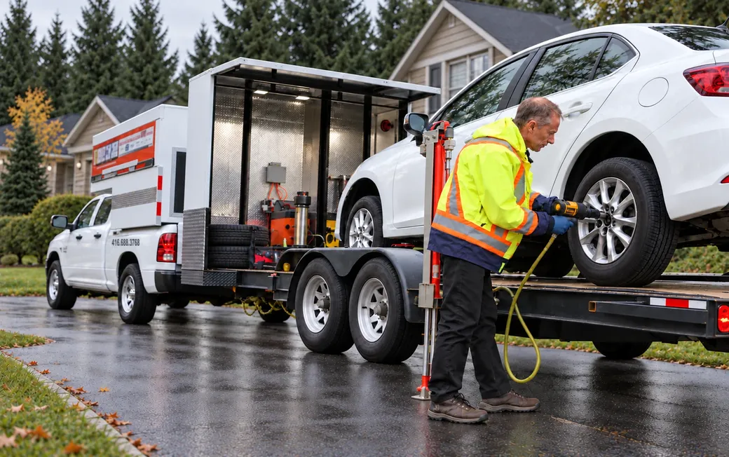 Mobile Car Care's branded truck and lift trailer in a customer's driveway, a technician in hi-vis torquing a wheel on the raised car