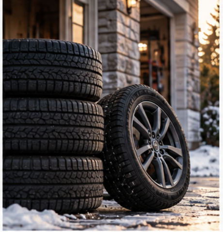 A set of tires staged by the garage before a mobile visit