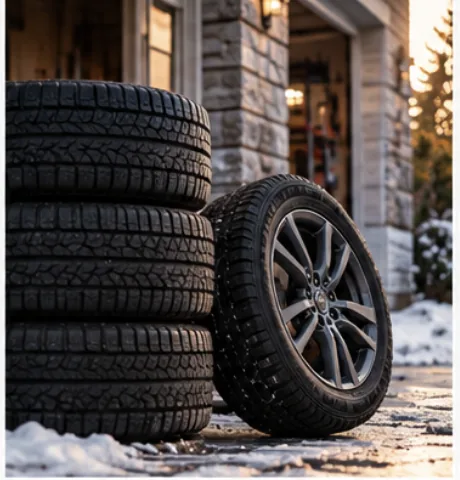 A set of tires staged by the garage before a mobile visit