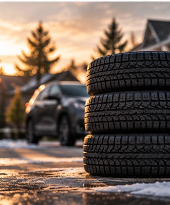 Tires staged in a driveway during a mobile changeover