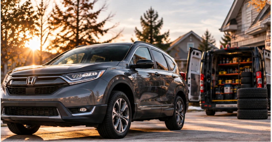 The Mobile Car Care van parked in a Brantford driveway at dusk
